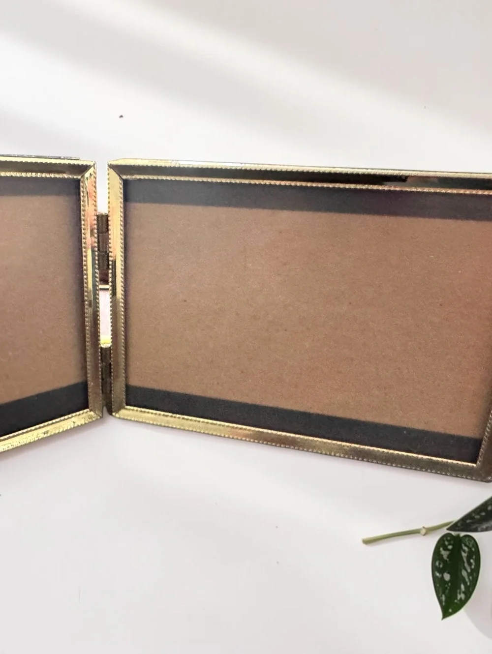 Vintage Hinged Double Picture Frame Gold Tone Ornate Folding Tabletop 3x5 Photos